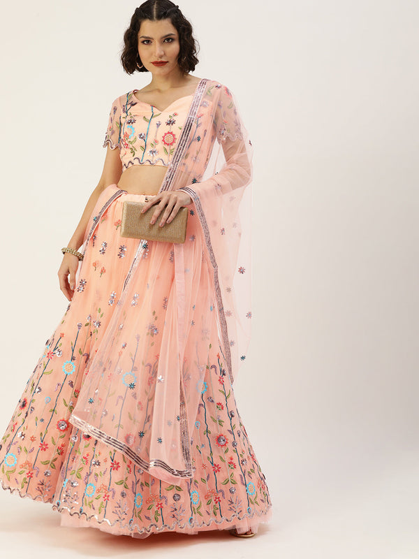 Women's Peach Net Sequince Embroidered Lehenga & Blouse With Dupatta - Panchhi