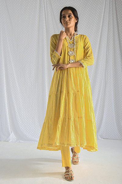 Chhaya Yellow Dot Printed Anarkali with Pant - Set 2 - Indiakreations