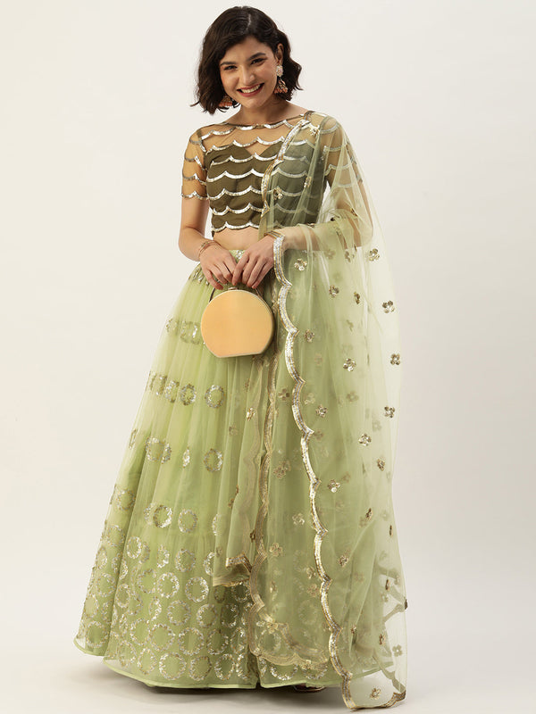 Women's Lime Green Net Embroideried Round Sequince Lehenga & Blouse With Dupatta - Panchhi