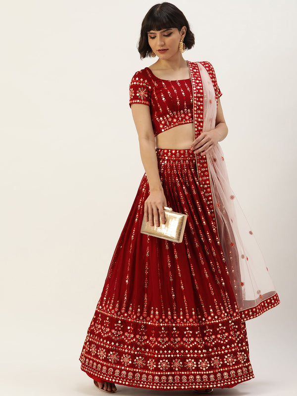 Women's Maroon Pure Georgette Sequince Embroidered Lehenga & Blouse With Dupatta - Panchhi