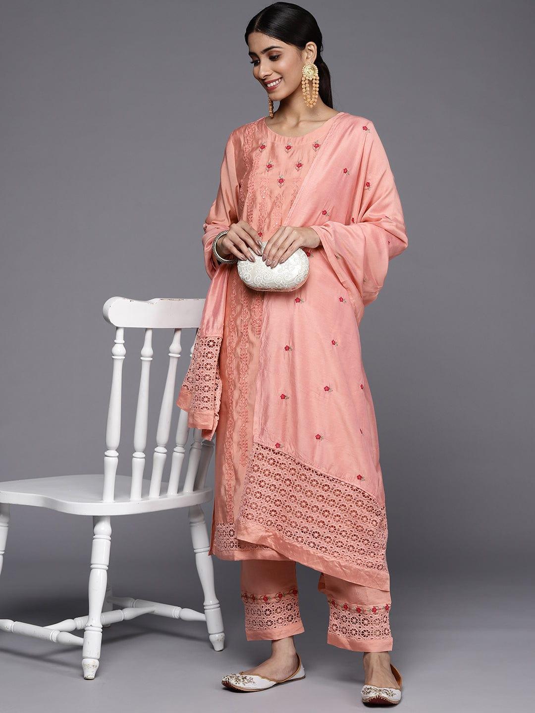 Varanga Women Peach-Coloured Ethnic Motifs Embroidered Kurta with Trousers & Dupatta - Indiakreations