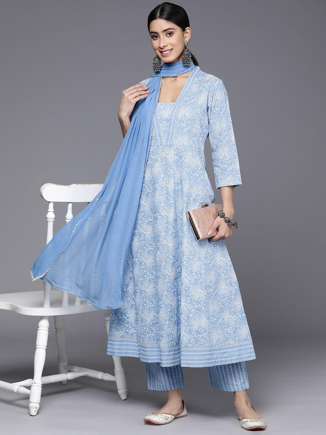 Varanga Floral Printed Anarkali Gotta Patti Pure Cotton Kurta With Trousers & With Dupatta - Indiakreations