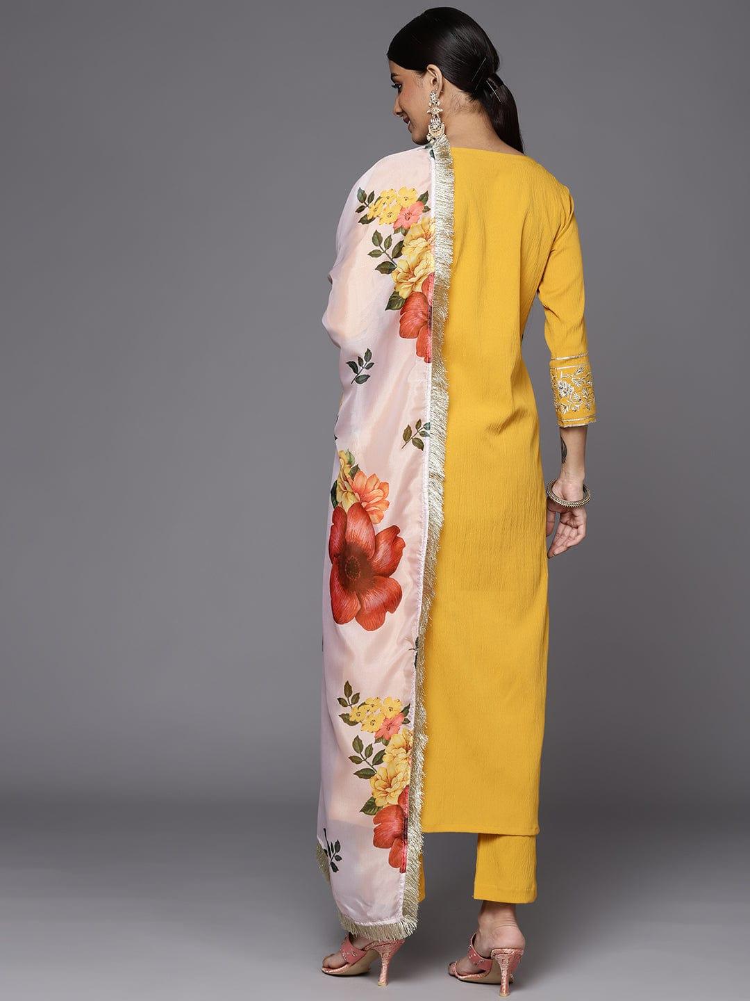 Varanga Women Mustard Yellow Floral Embroidered Zardozi Kurta with Trousers & With Dupatta - Indiakreations