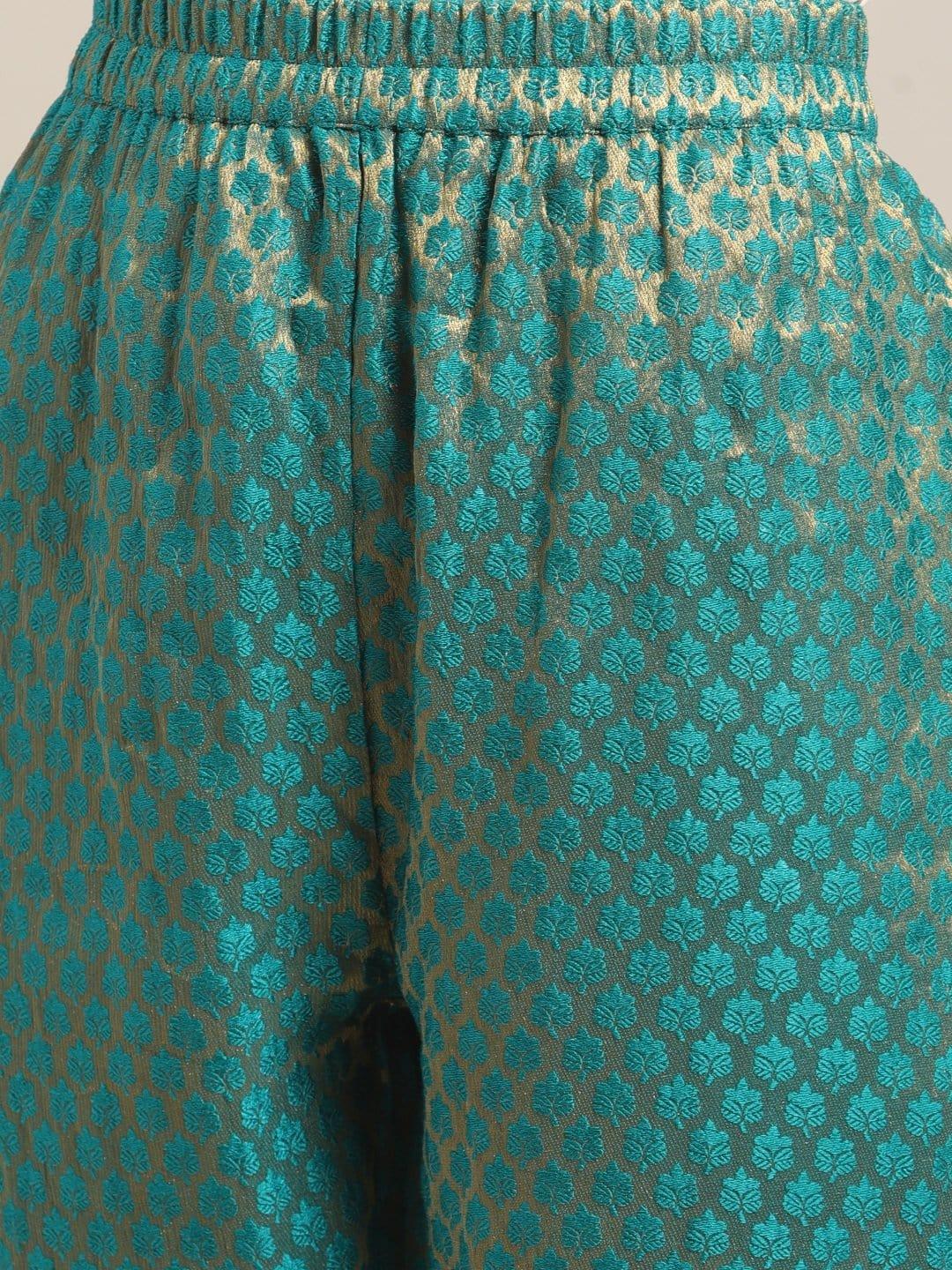 Teal Brocade Round Neck A-Line Kurta Paired With Brocade Trouser And Yellow Net Sequined Dupatta - Indiakreations