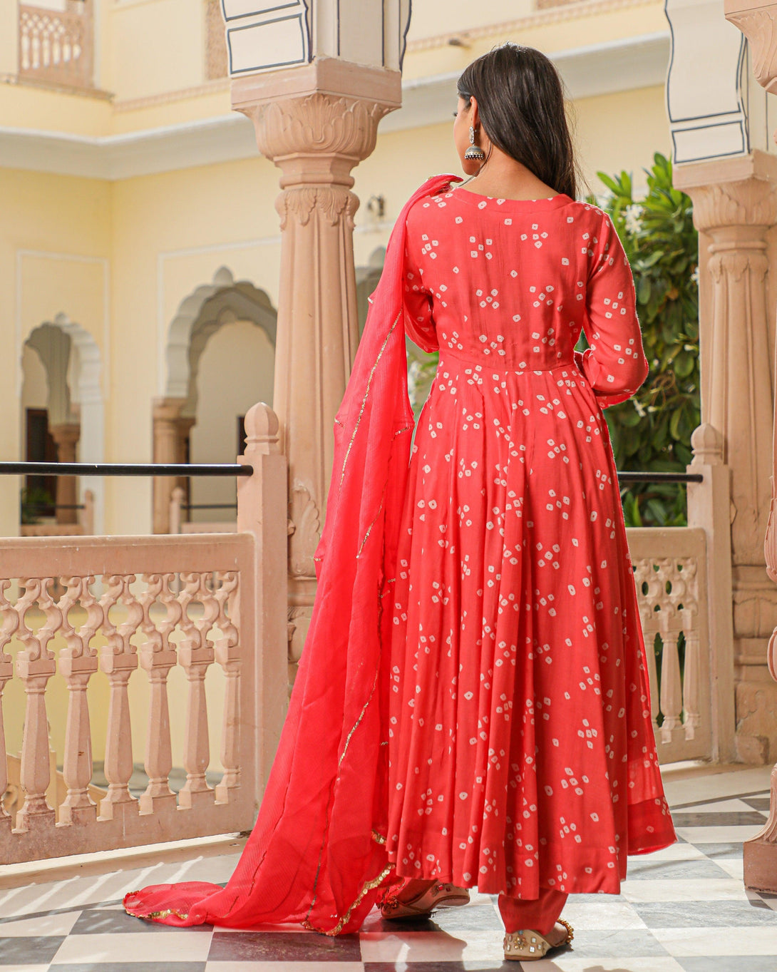 Women's Coral Bandhej Modal Anarkali Kurta Pant Dupatta Set - Baisacrafts - Indiakreations