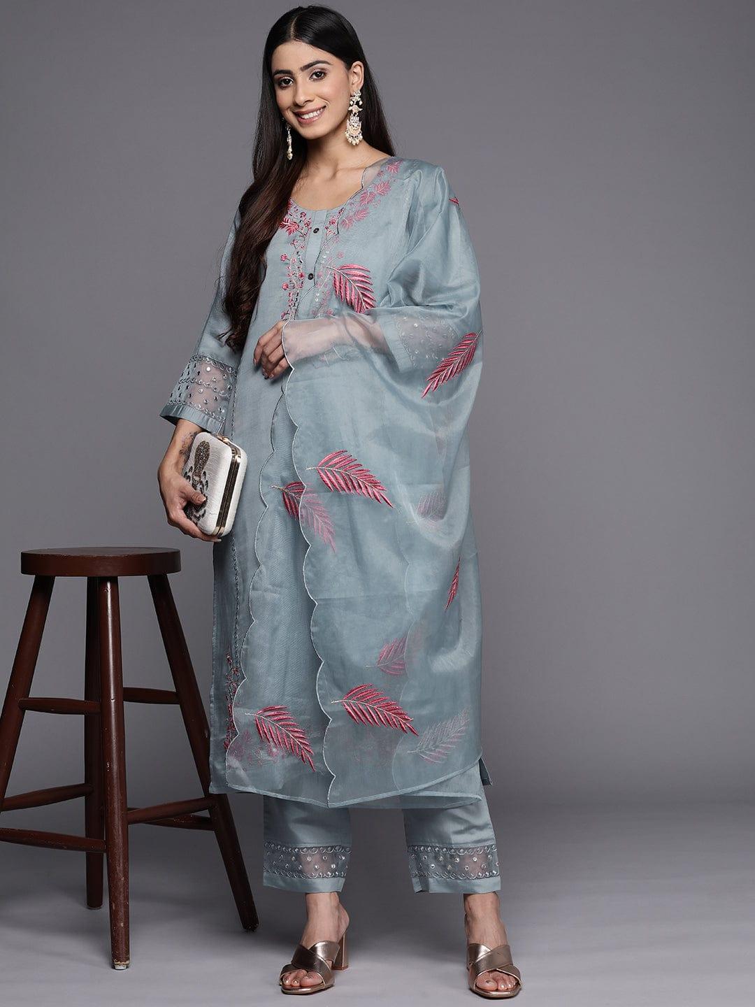 Varanga Floral Embroidered Mirror Work Kurta with Trousers & Dupatta - Indiakreations