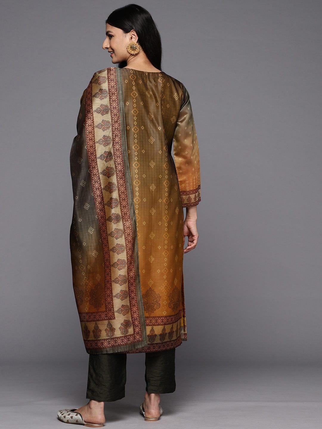 Varanga Ethnic Motifs Printed Chanderi Silk Kurta With Trousers & With Dupatta - Indiakreations