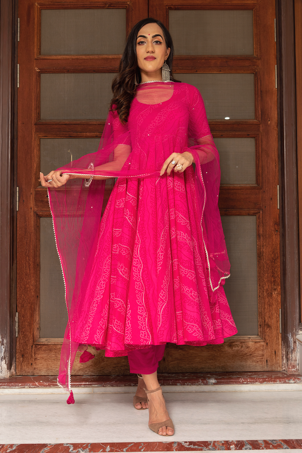Women's Pink Anarkali suit set with Pants & Dupatta by Pomcha Jaipur- (3pcs set)