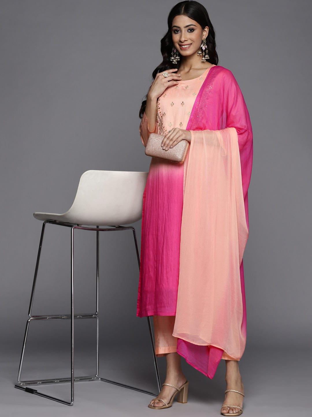 Varanga Women Peach-Coloured Ombre Yoke Design Sequinned Kurta with Trousers & Dupatt - Indiakreations