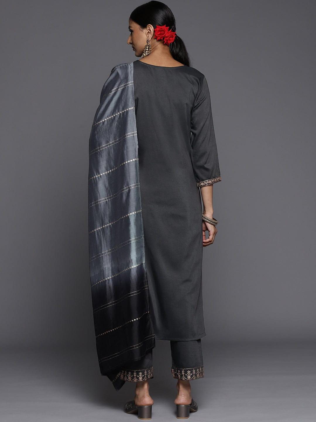 Varanga Women Grey Ethnic Motifs Yoke Design Kurta with Trousers & With Dupatta - Indiakreations