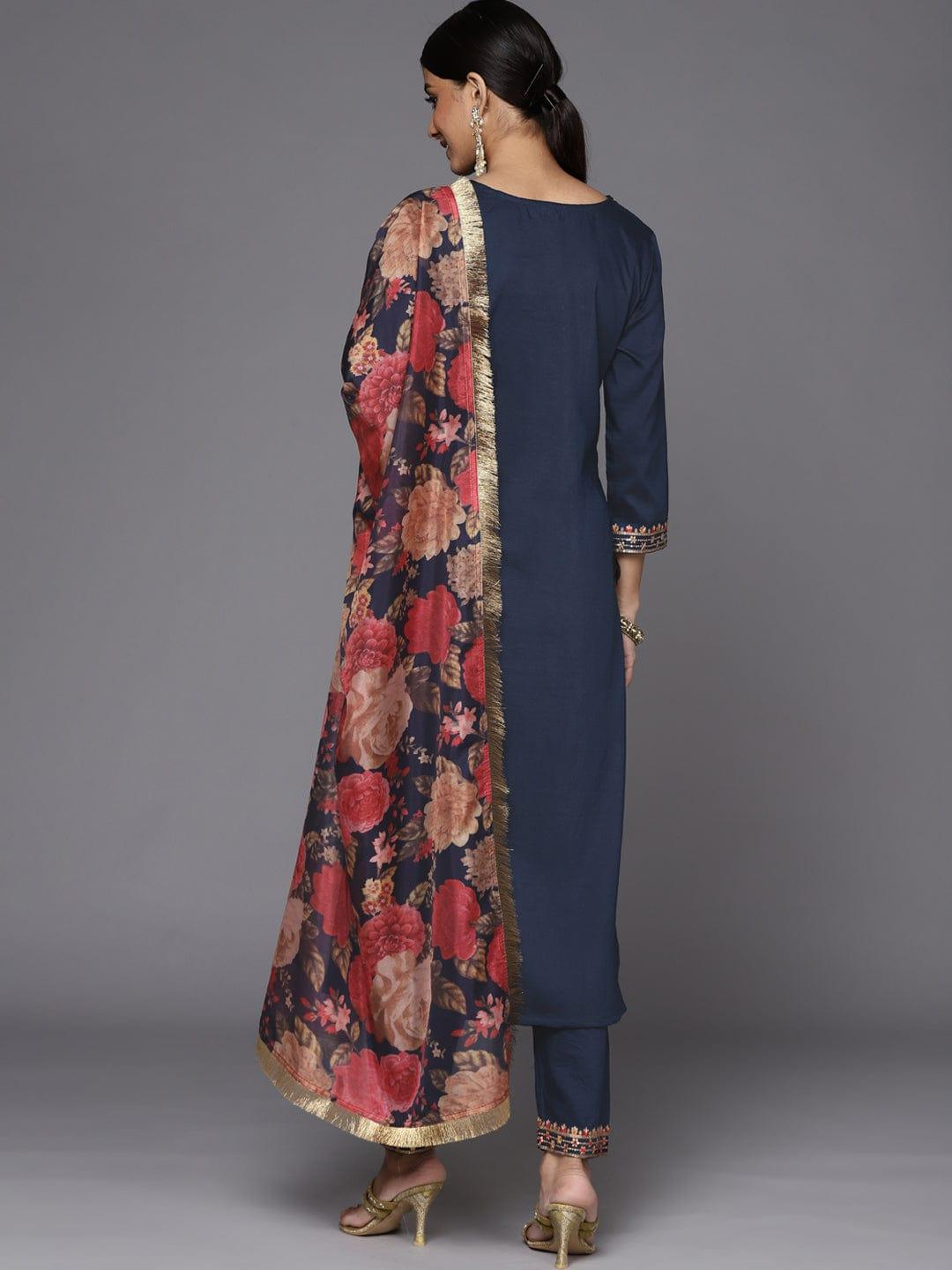 Varanga Women Blue Embroidered Kurta with Trousers & With Dupatta - Indiakreations