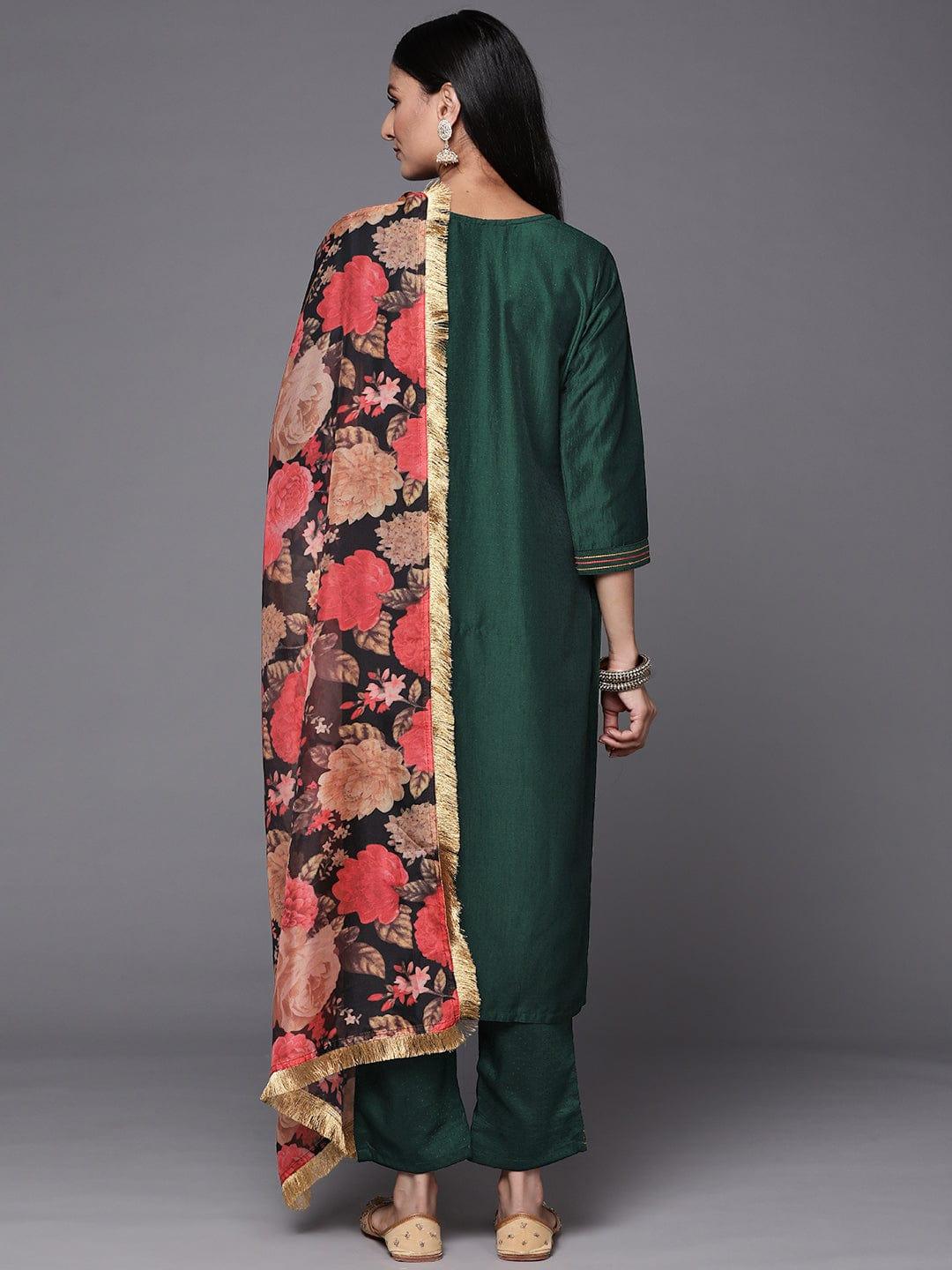 Varanga Women Green Floral Embroidered Thread Work Kurta with Trousers & With Dupatta - Indiakreations