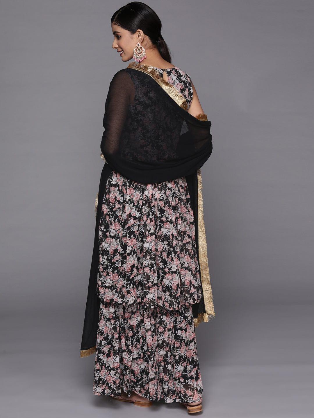 Varanga Women Black Floral Printed Empire Kurta with Sharara & With Dupatta - Indiakreations