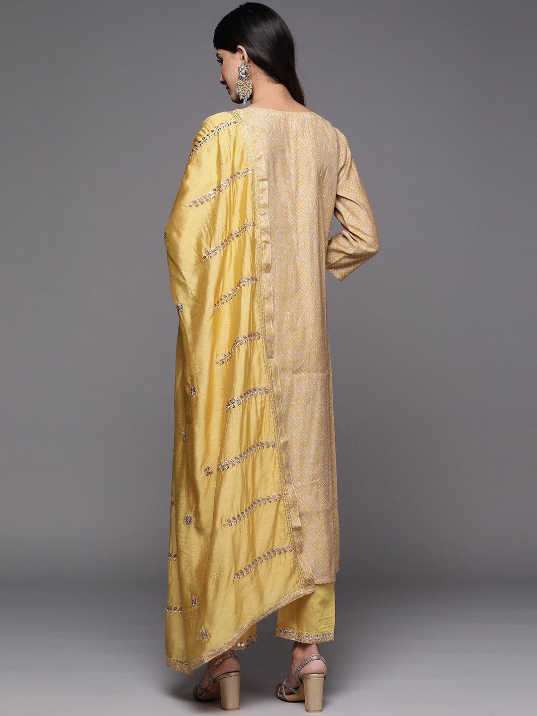 Varanga Women Mustard Yellow Printed Mirror Work Kurta with Trousers & Dupatta - Indiakreations