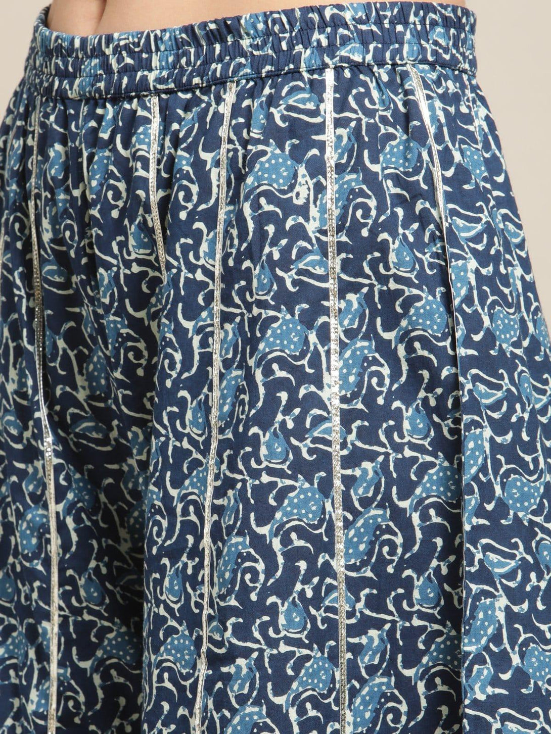 Blue And White Printed Flared Kurta With Gota Work, Kurta Paired With Flared Palazzo And Dupatta - Indiakreations