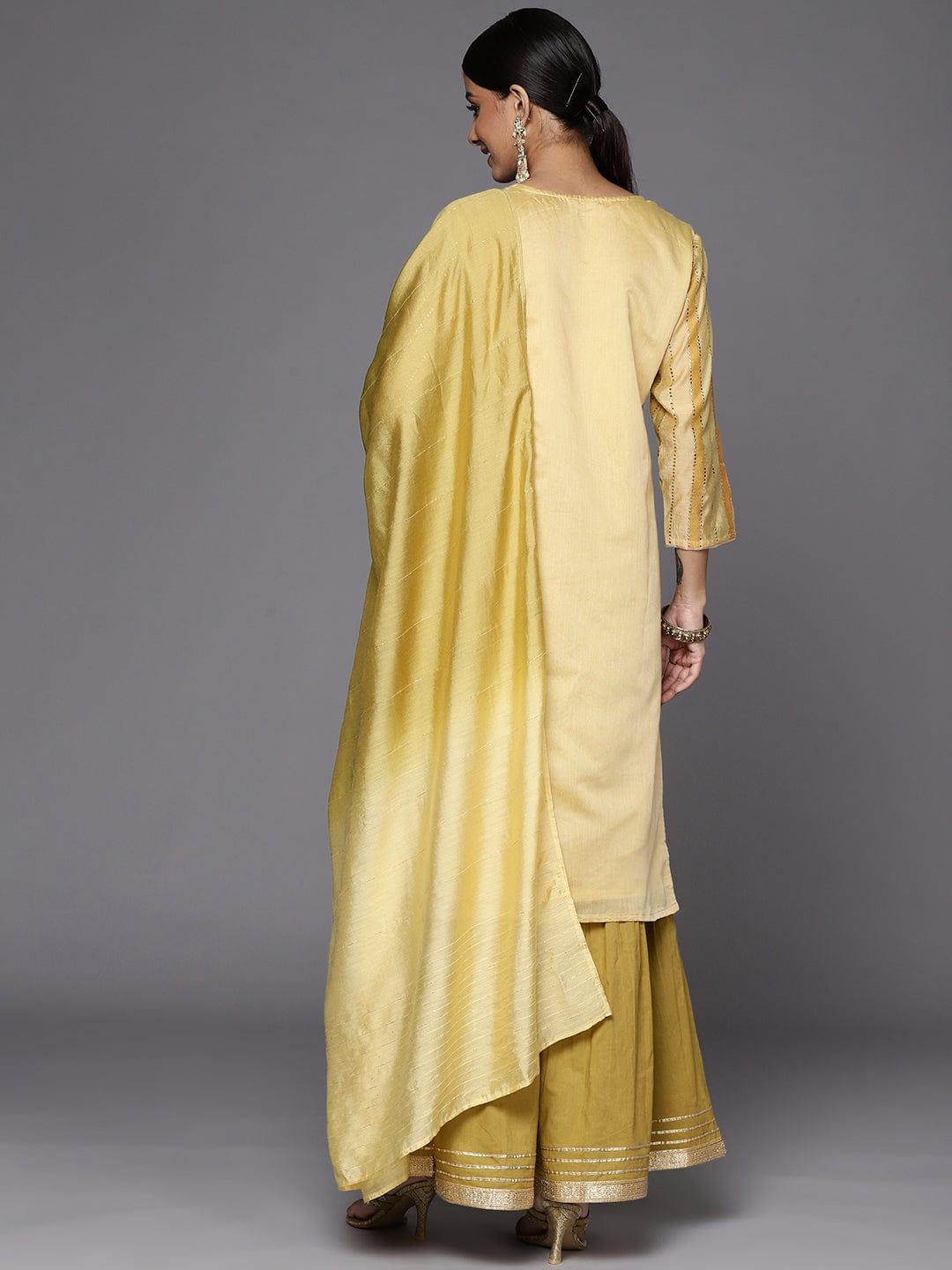 Varanga Women Yellow Striped Mukaish Kurta with Sharara & With Dupatta - Indiakreations