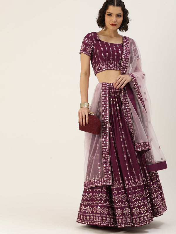 Women's Burgundy Pure Georgette Sequince Embroidered Lehenga & Blouse, Dupatta - Panchhi