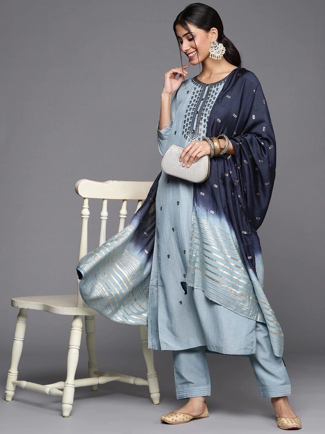 Varanga Women Blue & Silver Floral Sequined Straight Kurta Trousers & Ombre Dyed Dupatta - Indiakreations