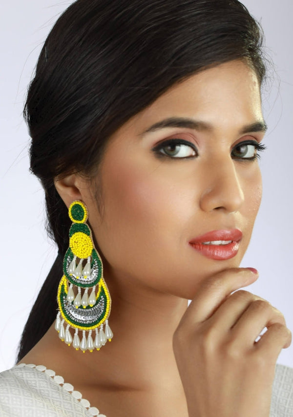 Women's Yellow Green Beads & Pearls Studded Contemporary Handcrafted Chandbali Earrings - Jazz And Sizzle