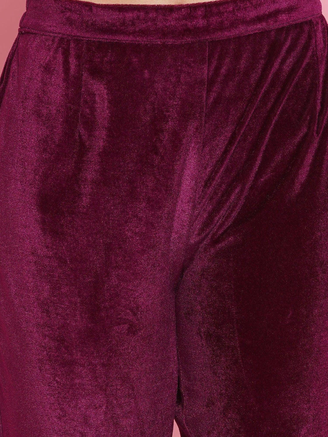 Women's Burgundy Velvet Kurta With Attached Neckalace,Belt And Pant - Women Republic - Indiakreations