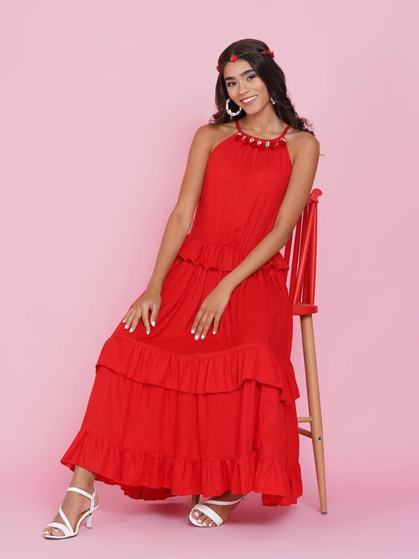 Women's Red Tiered Rayon Dress - Women Republic - Indiakreations