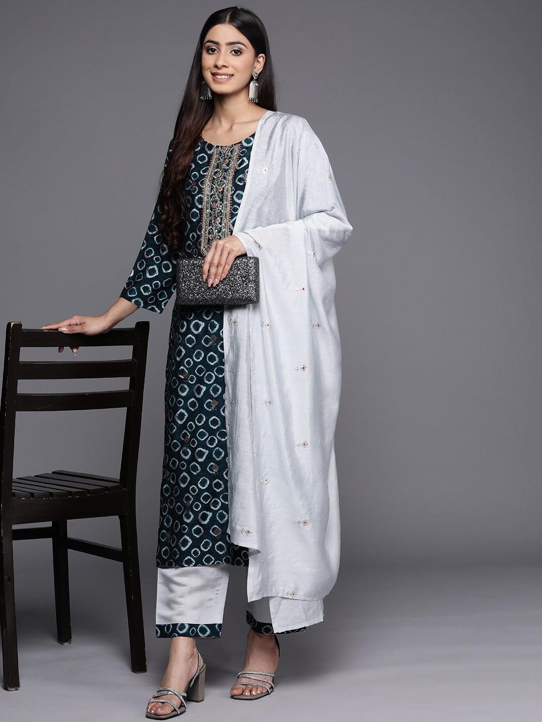 Varanga Yoke Design Chanderi Silk Kurta with Trousers & Dupatta - Indiakreations