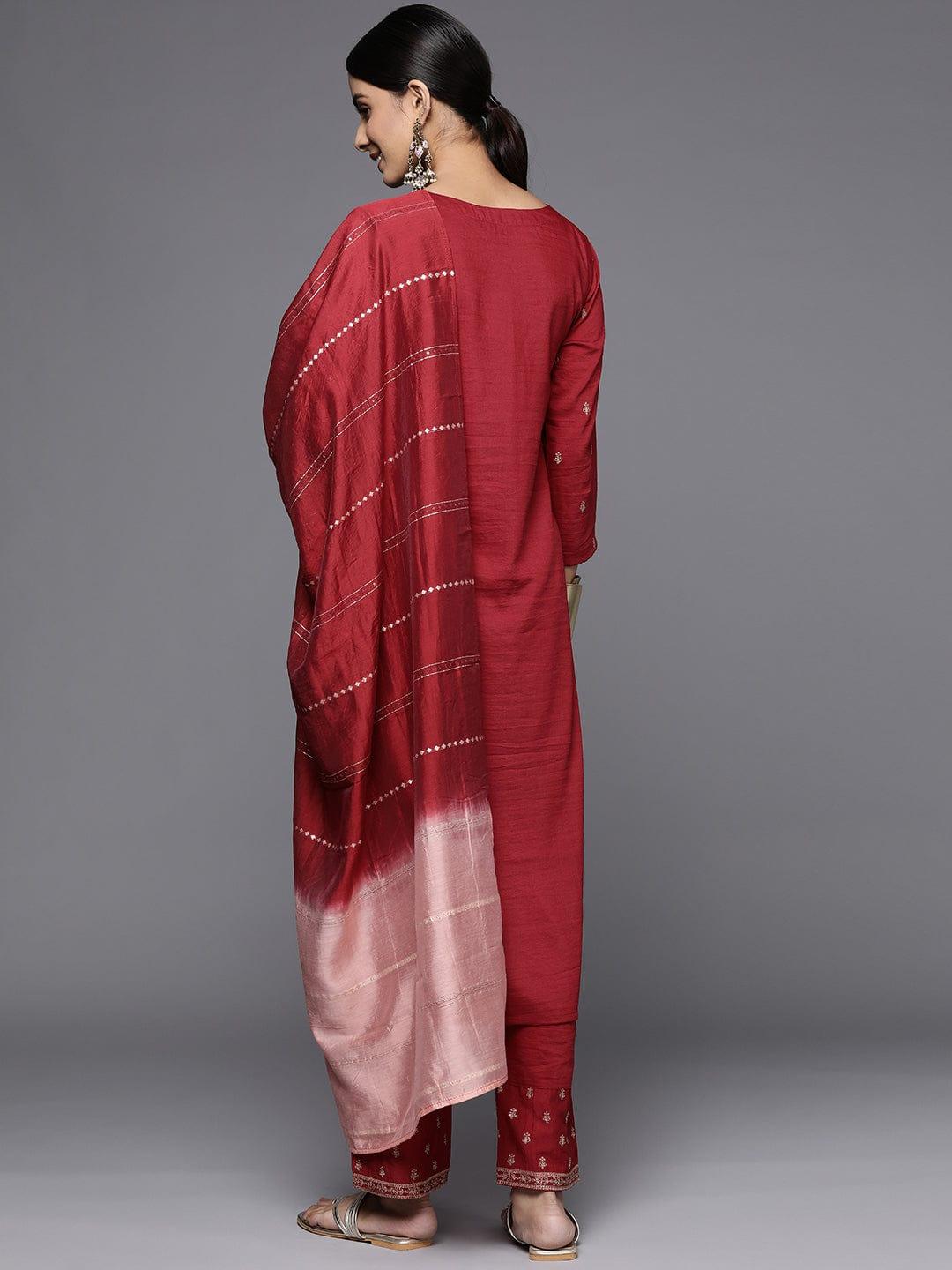 Varanga Maroon Embroidered Kurta With Embroidered Trouser And Ombre Dupatta - Indiakreations