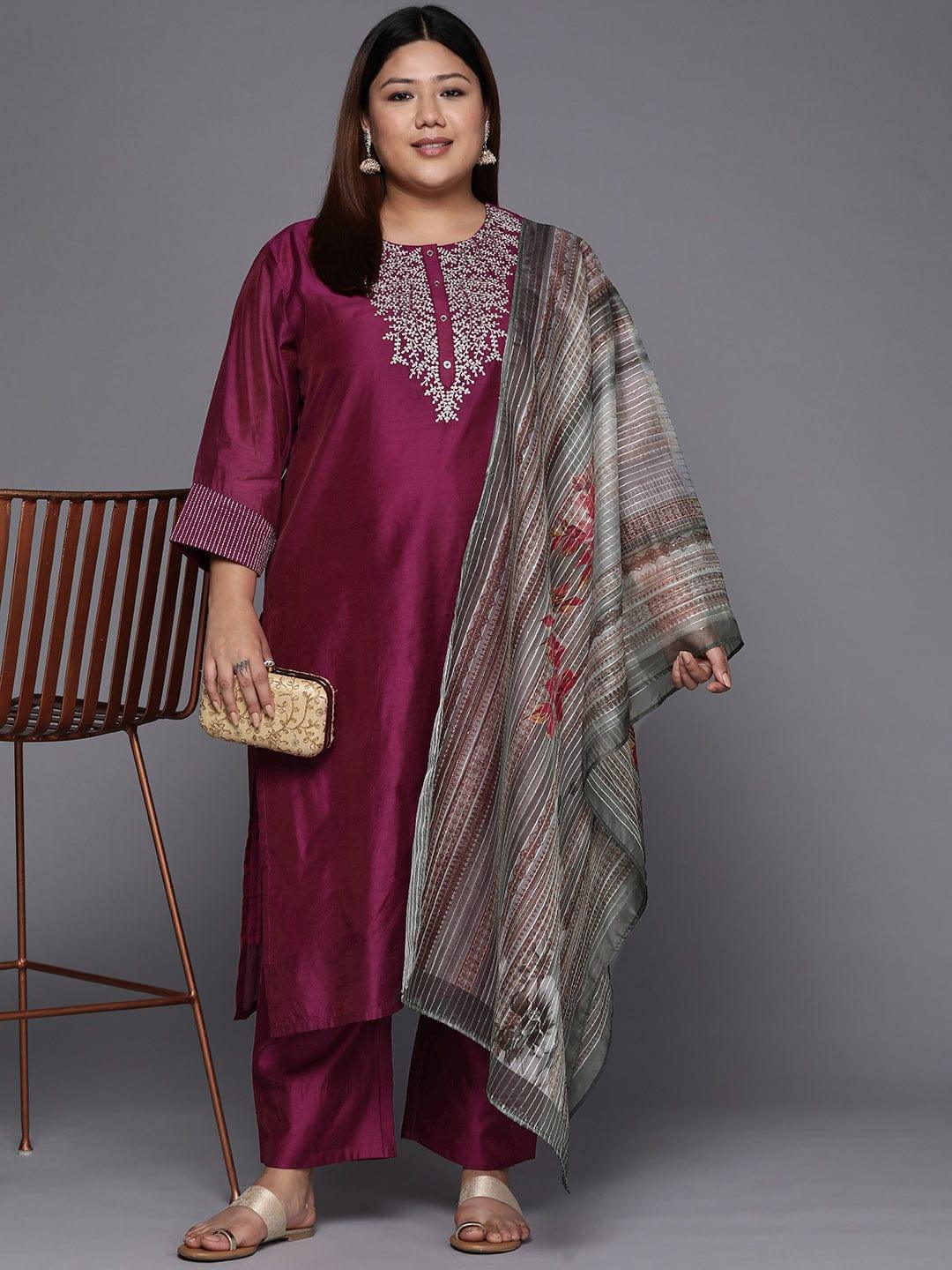 Varanga Women Plus Size Magenta Yoke Design Sequinned Chanderi Silk Kurta with Trousers & Dupatta - Indiakreations