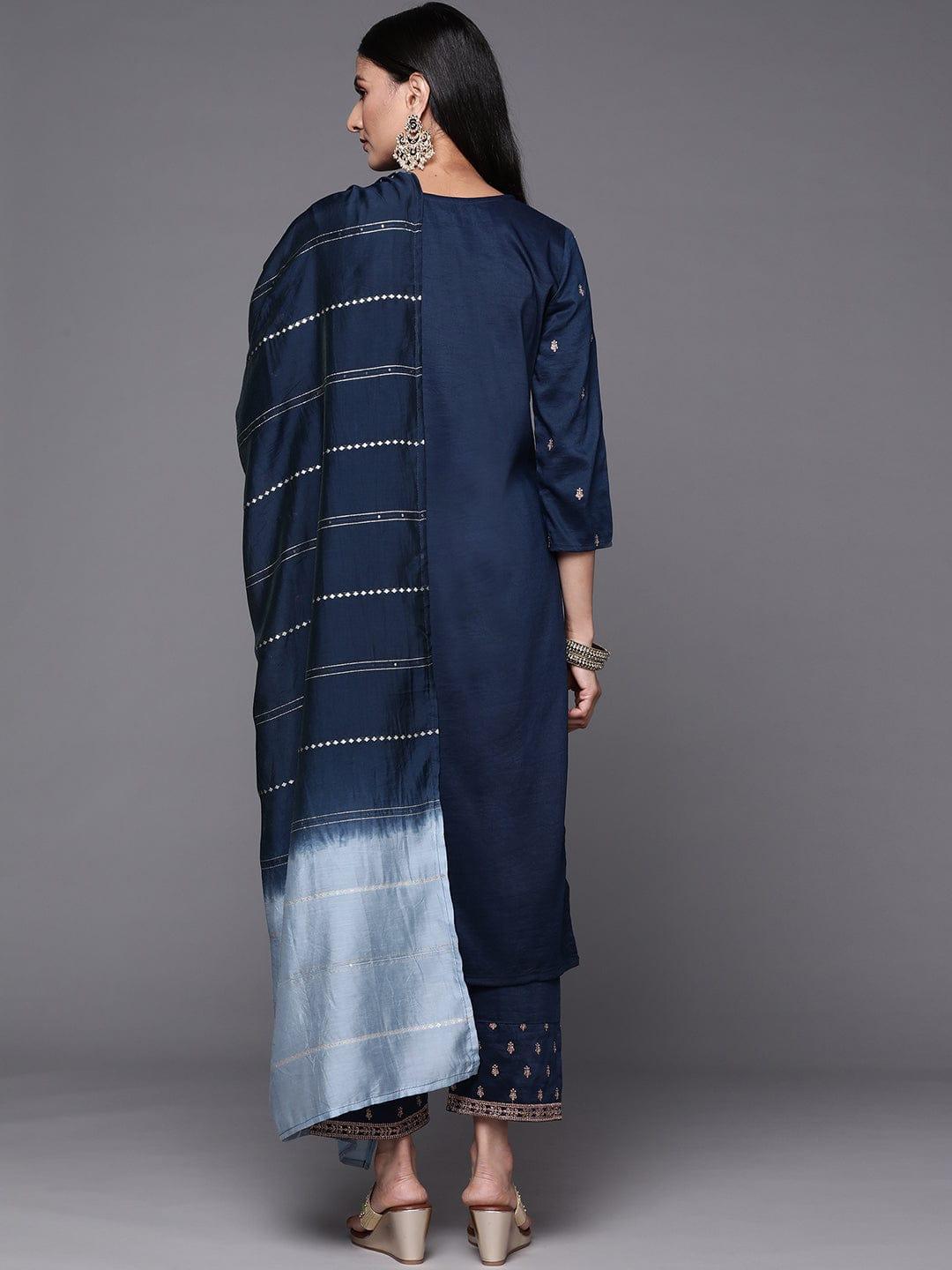 Varanga Women Navy Blue & Golden Ethnic Motifs Embroidered Kurta with Trousers & Dupatta - Indiakreations