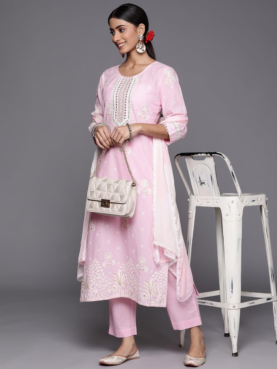 Varanga Women Pink Floral Embroidered Mirror Work Pure Cotton Kurta with Trousers & With Dupatta - Indiakreations