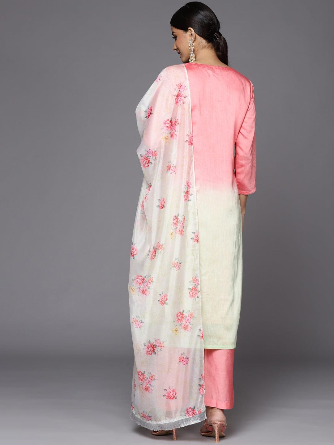 Varanga Women Pink Ombre Printed Sequinned Kurta with Trousers & With Dupatta - Indiakreations