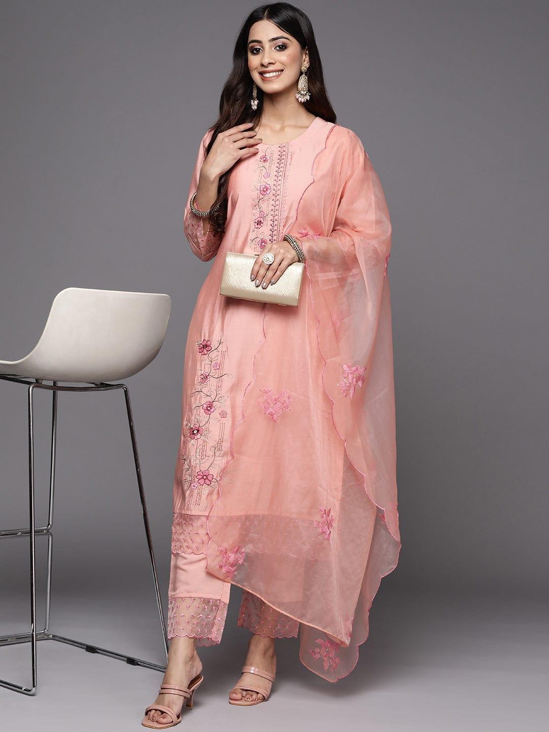 Varanga Women Peach-Coloured Embroidered Thread Work Kurta with Trousers & With Dupatta - Indiakreations