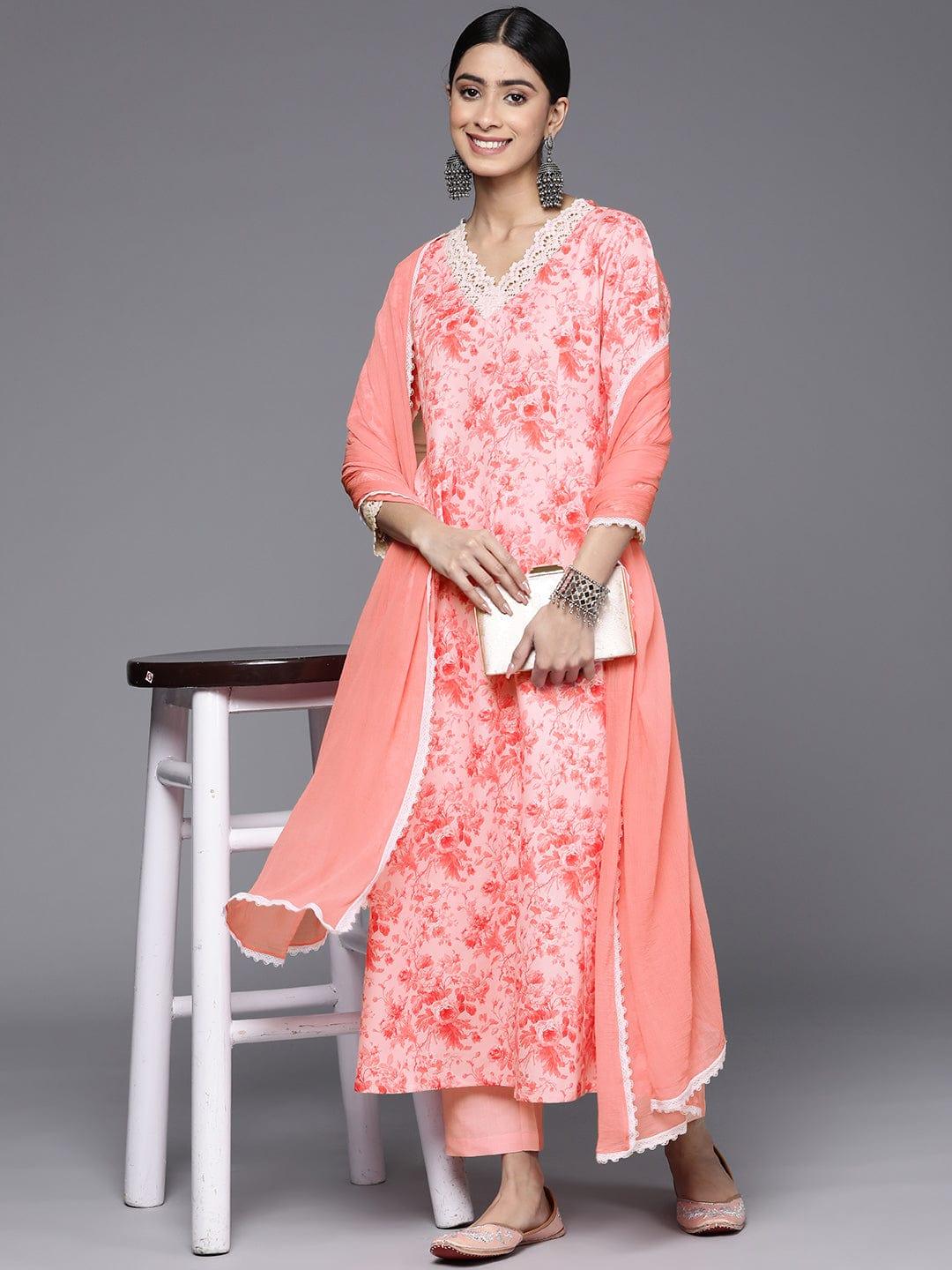 Varanga Floral Printed A-Line Kurta With Trousers & With Dupatta - Indiakreations