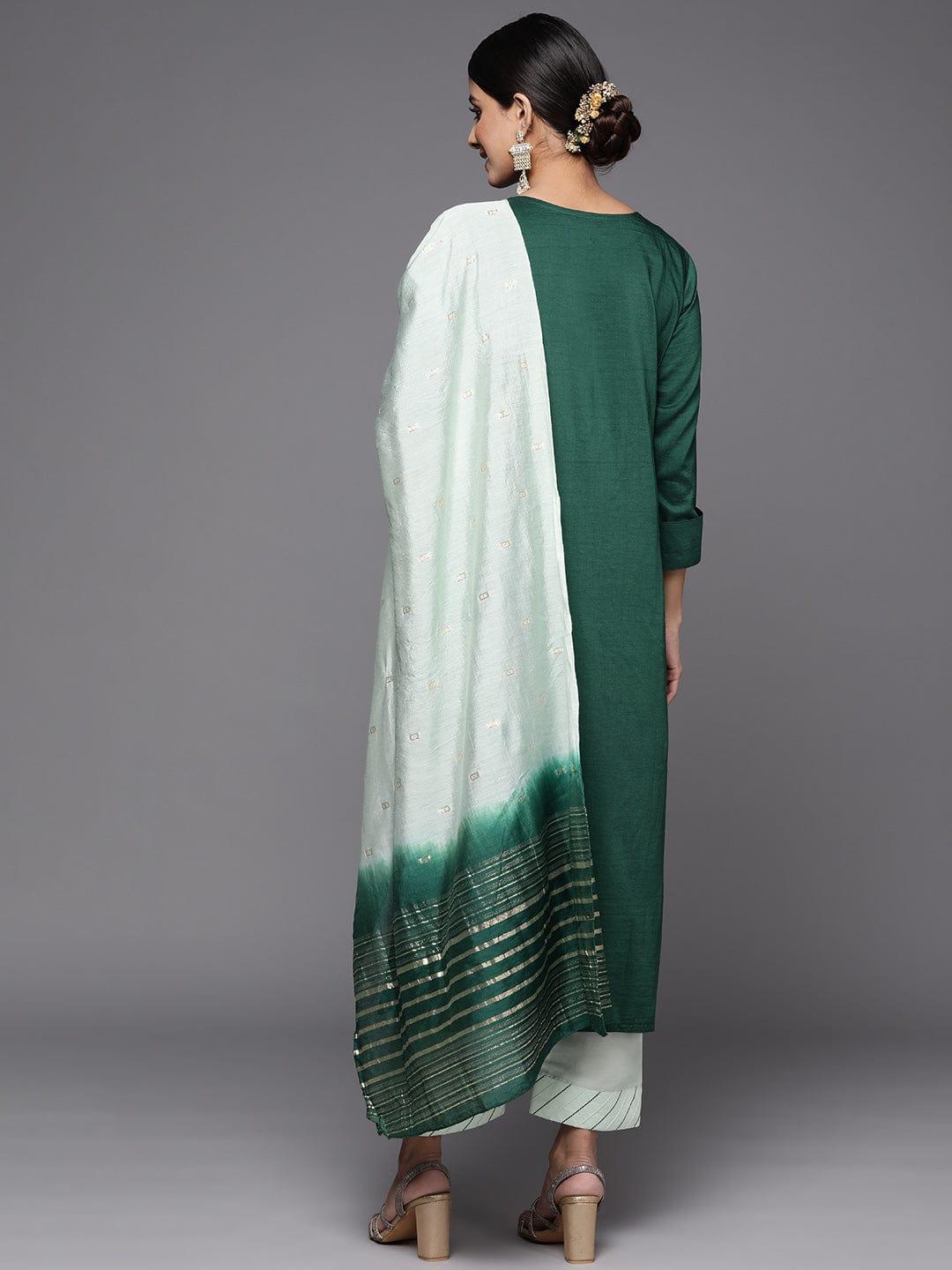 Varanga Women Green Embroidered Gotta Patti Pure Cotton Kurta with Trousers & Dupatta - Indiakreations