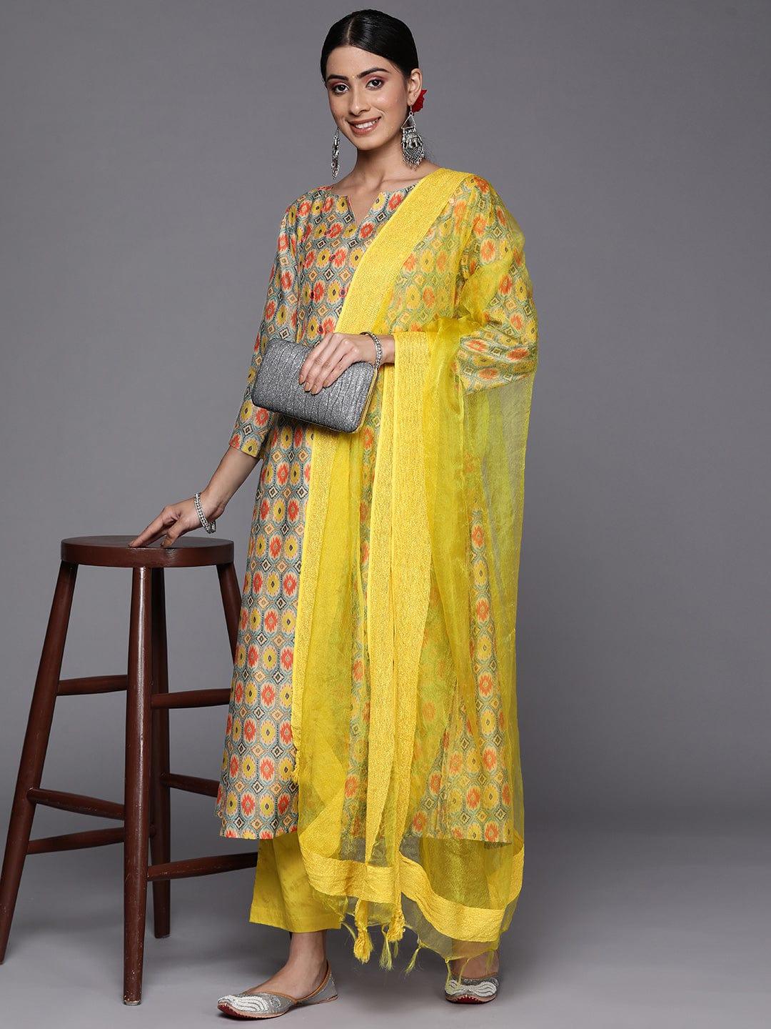 Varanga Women Lime Green Ethnic Motifs Printed Mirror Work Kurta with Trousers & With Dupatta - Indiakreations