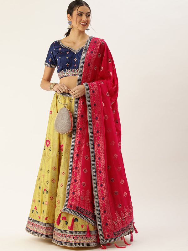 Women's Yellow Dola Silk Jacquard Woven Work Lehenga & Blouse With Dupatta - Panchhi