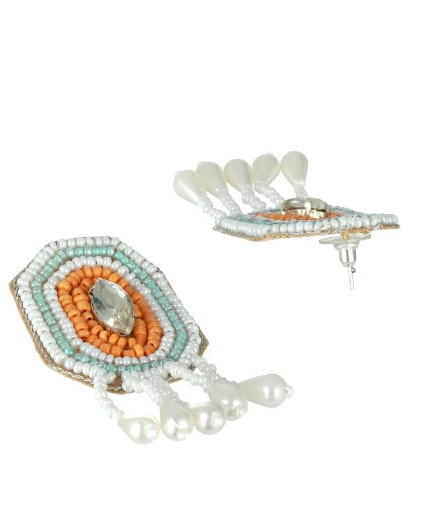 Women's White Crystal Studed Gold-Plated Orange Beaded & Handcrafted Jewellery Set With Ring - Jazz And Sizzle - Indiakreations