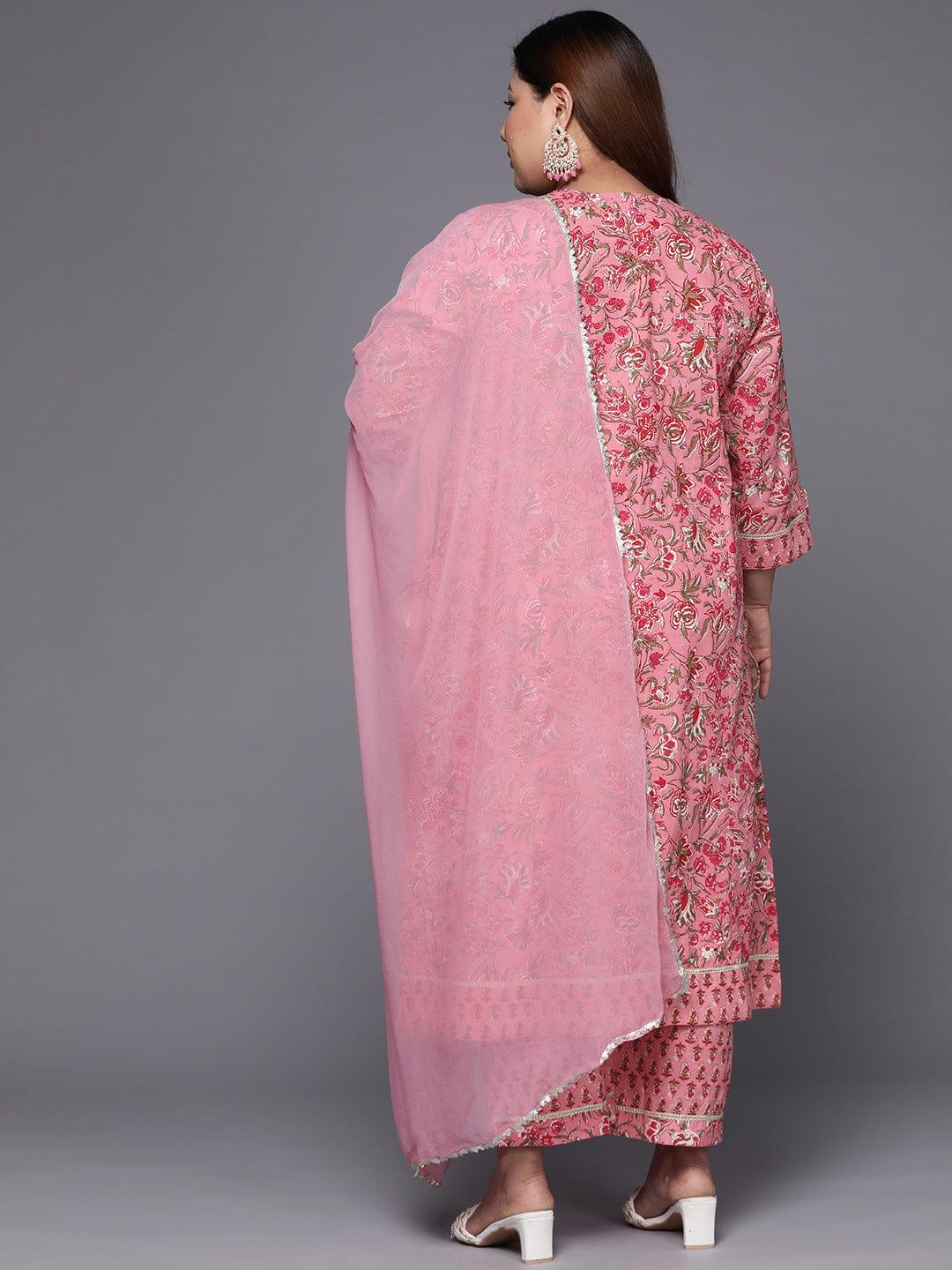 Varanga Women Plus Size Pink Floral Printed Gotta Patti Pure Cotton Kurta with Trousers & Dupatta - Indiakreations