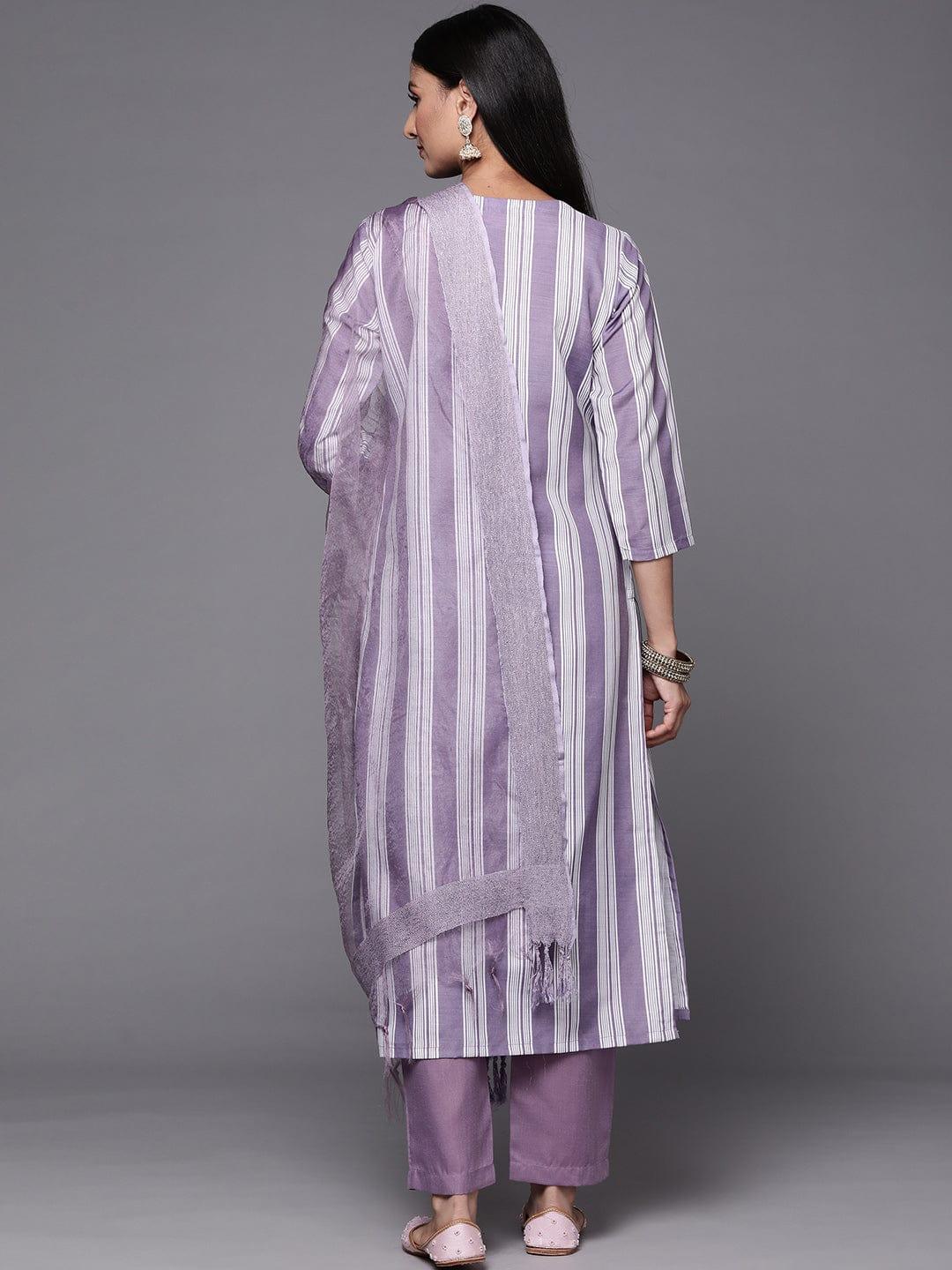 Varanga Women Lavender & White Embroidered Kurta with Trousers & Dupatta - Indiakreations