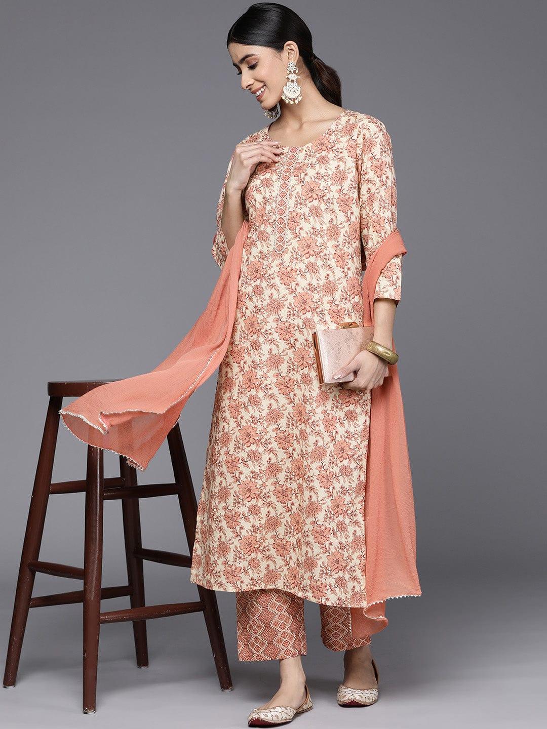 Varanga Floral Printed Gotta Patti Pure Cotton Kurta With Trousers & Dupatta - Indiakreations