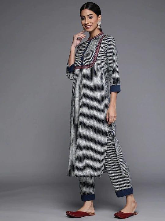 Varanga Women Blue & White Striped Mirror Work Pure Cotton Kurta with Trousers - Indiakreations