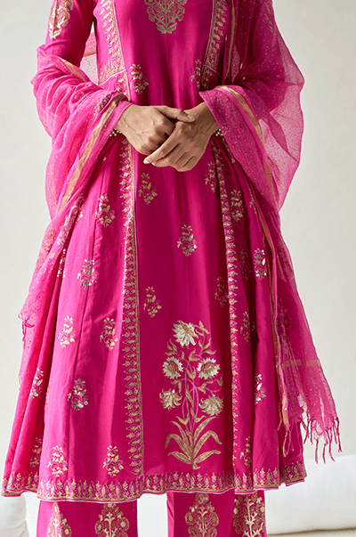 Chaand Rani Foil Rani pink Anarkali with palazzo and Dupatta - Set of 3 - Indiakreations