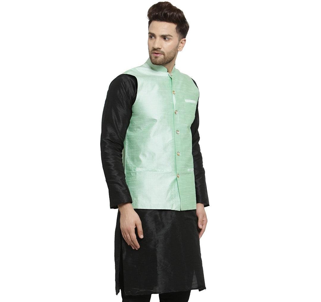 Men's Light Green Solid Nehru Jacket - Benstoke - Indiakreations