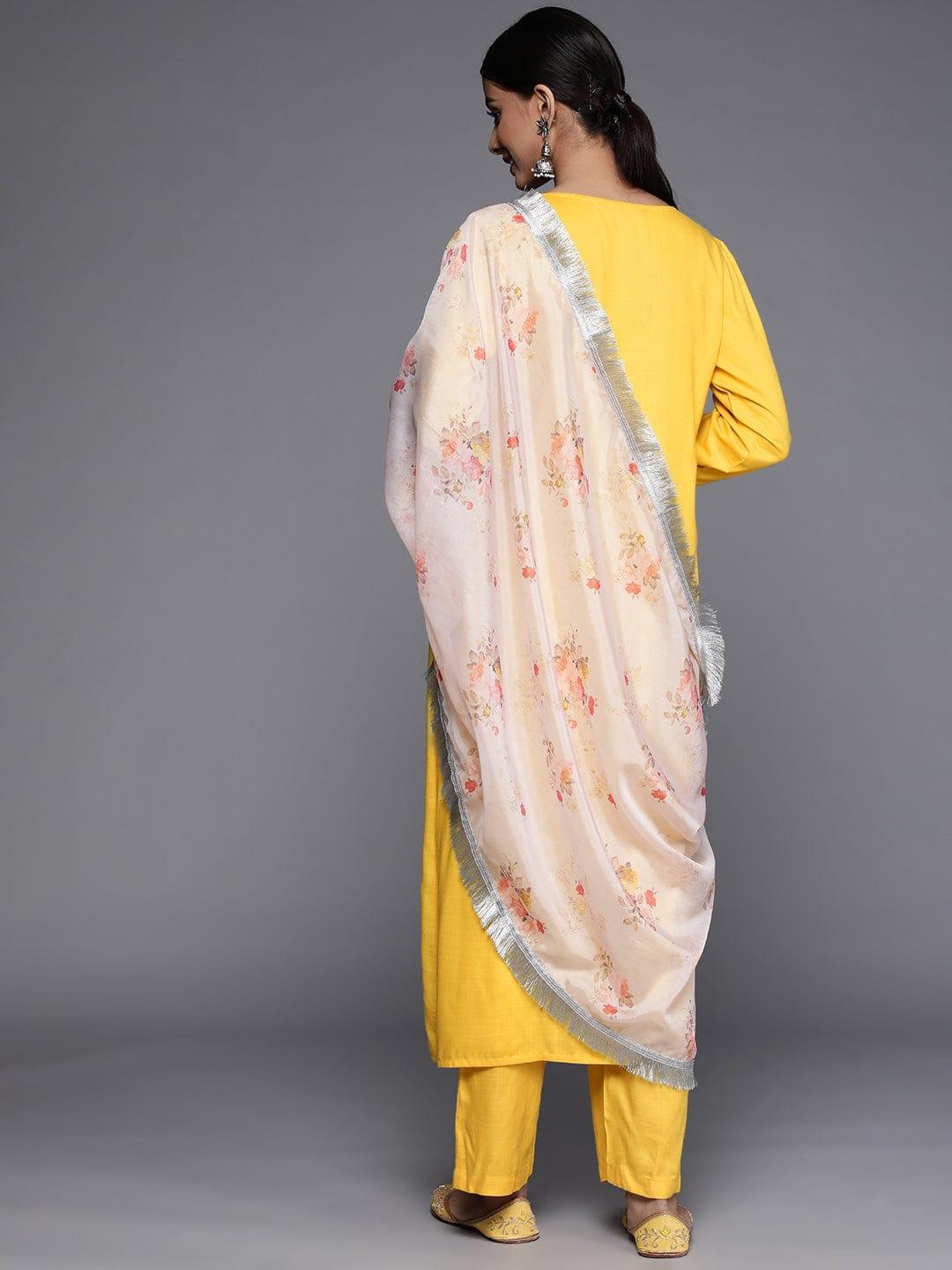 Varanga Women Yellow Yoke Design Mirror Work Kurta with Trousers & Dupatta - Indiakreations