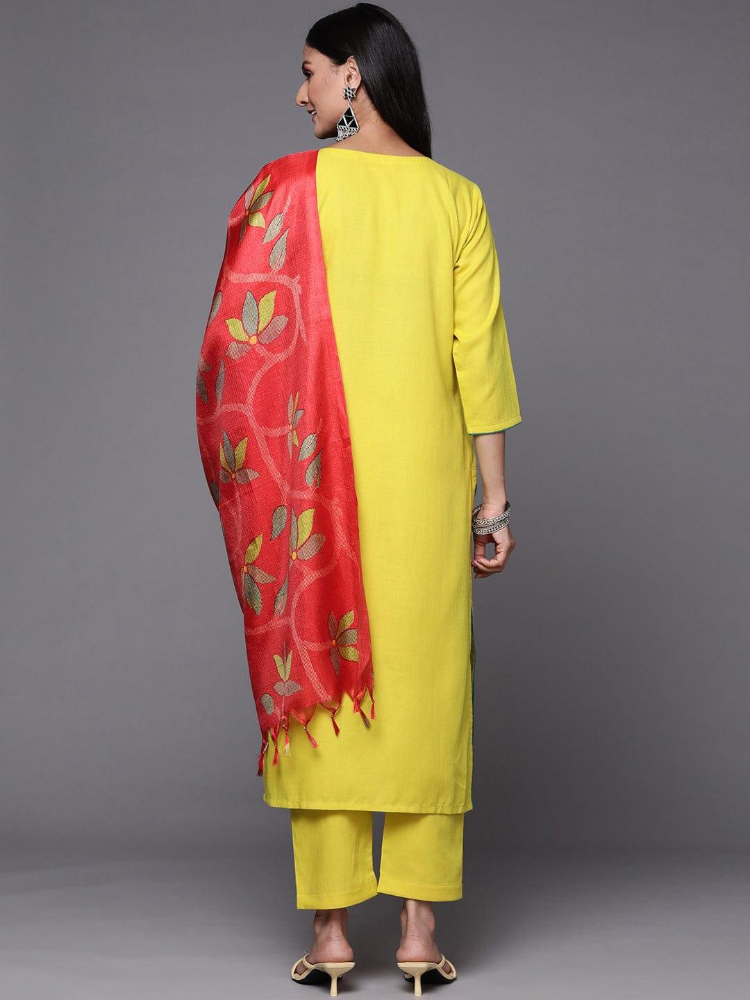 Varanga Women Lime Green Yoke Design Thread Work Kurta with Trousers & Dupatta - Indiakreations