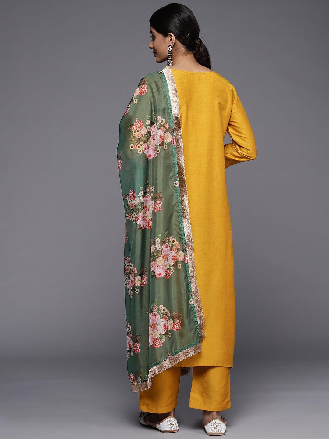 Varanga Women Mustard Yellow Ethnic Motifs Embroidered Kurta with Trousers & Dupatta - Indiakreations