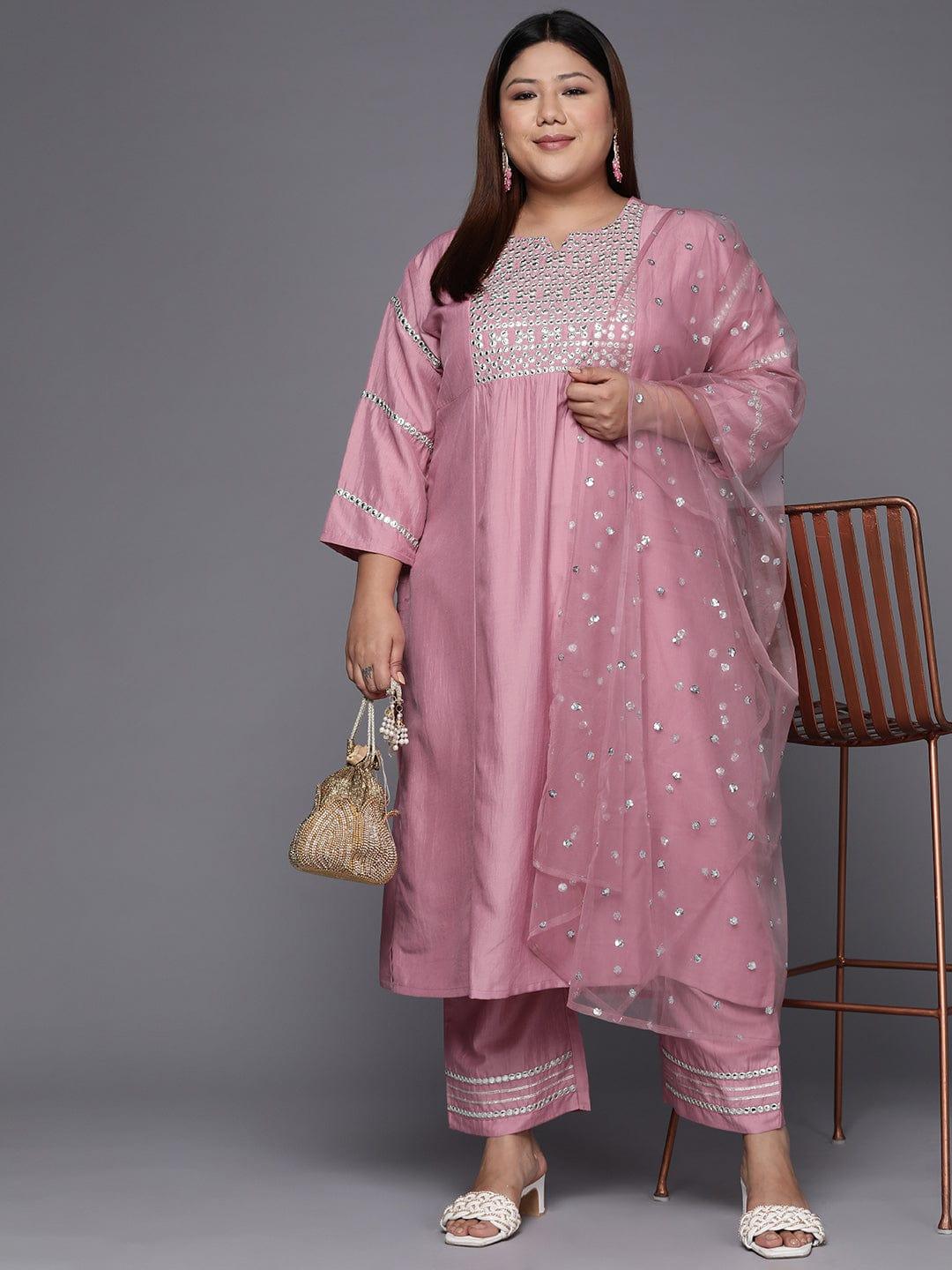 Varanga Women Plus Size Pink Ethnic Motifs Embroidered Mirror Work Kurta with Trousers & Dupatta - Indiakreations