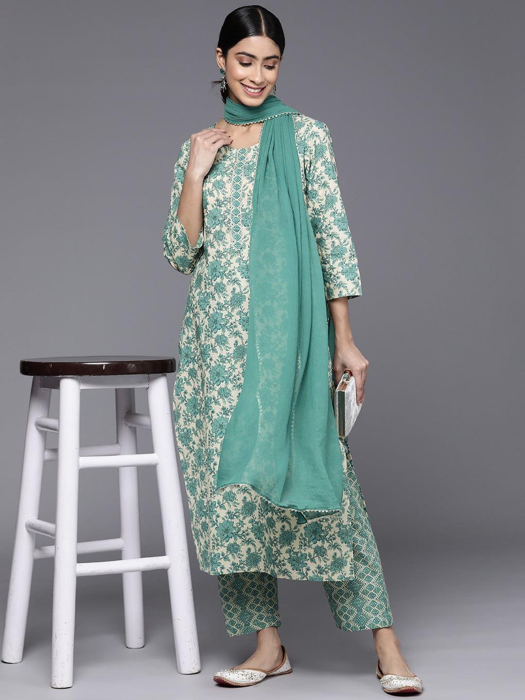 Varanga Floral Printed Gotta Patti Pure Cotton Kurta With Trousers & With Dupatta - Indiakreations