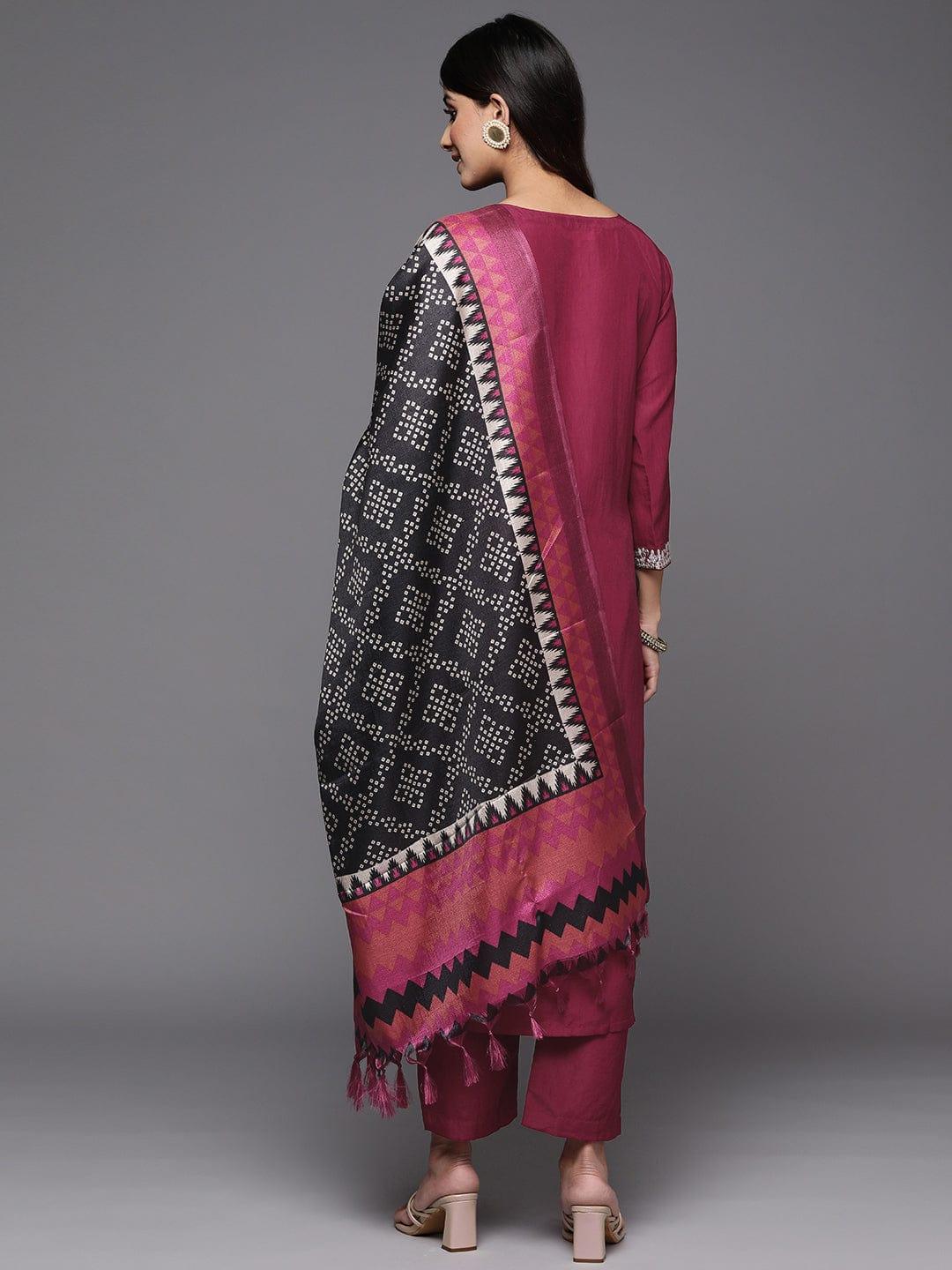 Varanga Women Magenta Yoke Design Kurta with Trousers & With Dupatta - Indiakreations