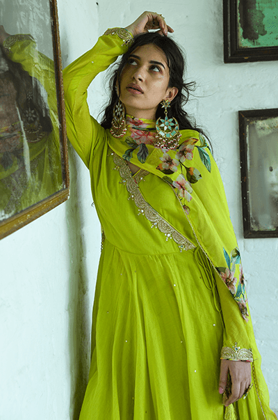 Bhanvara Neon Green Anarkali with printed palazzo and dupatta - Set of 3 - RTS - Indiakreations